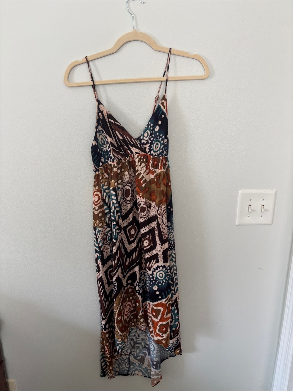 Blue Bird Boho High-Low Maxi Dress in Brown, Teal, Cream